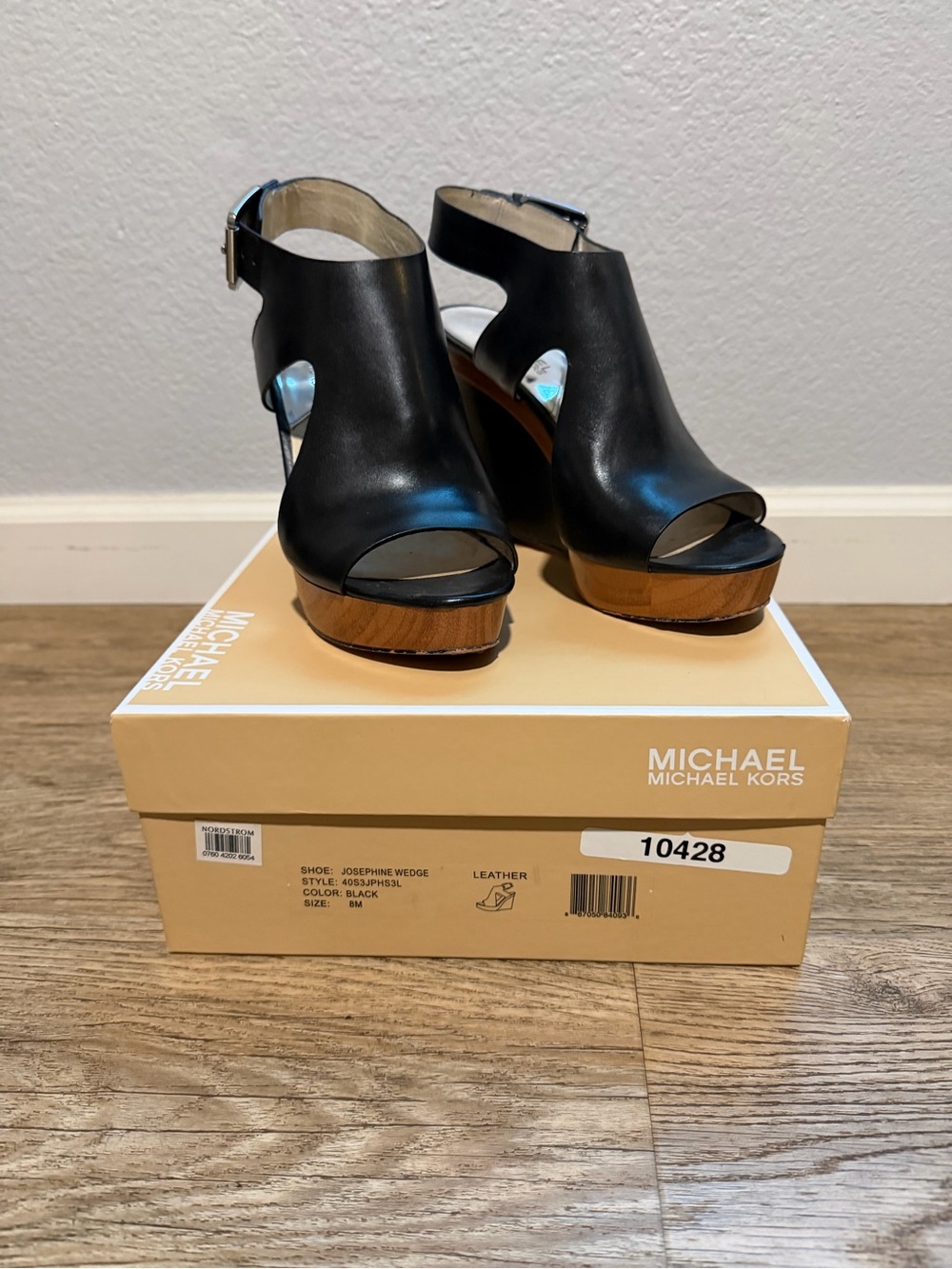 MICHAEL Michael Kors Black Leather Cutout Wedge Sandals with Wood Platform